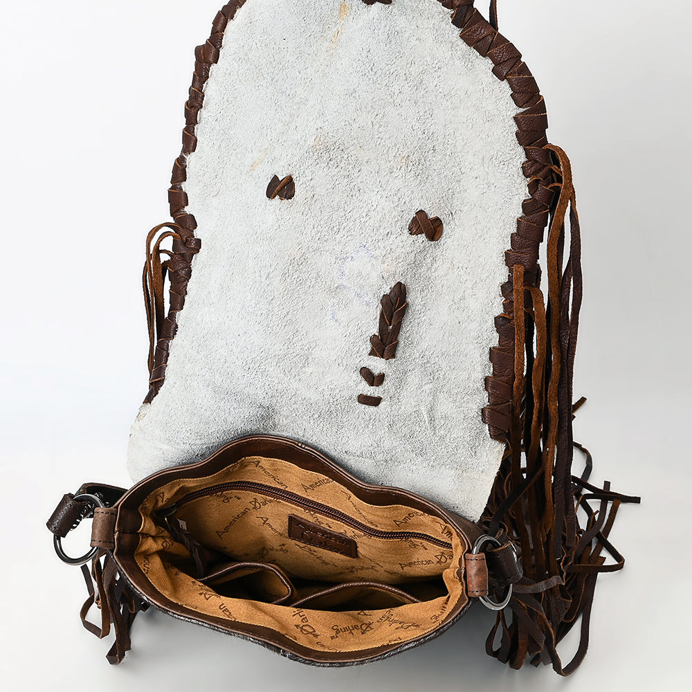 ADBGM477 Cowhide & Leather Western Fringe Crossbody Bag - Western Concho Bag with Turquoise Accent