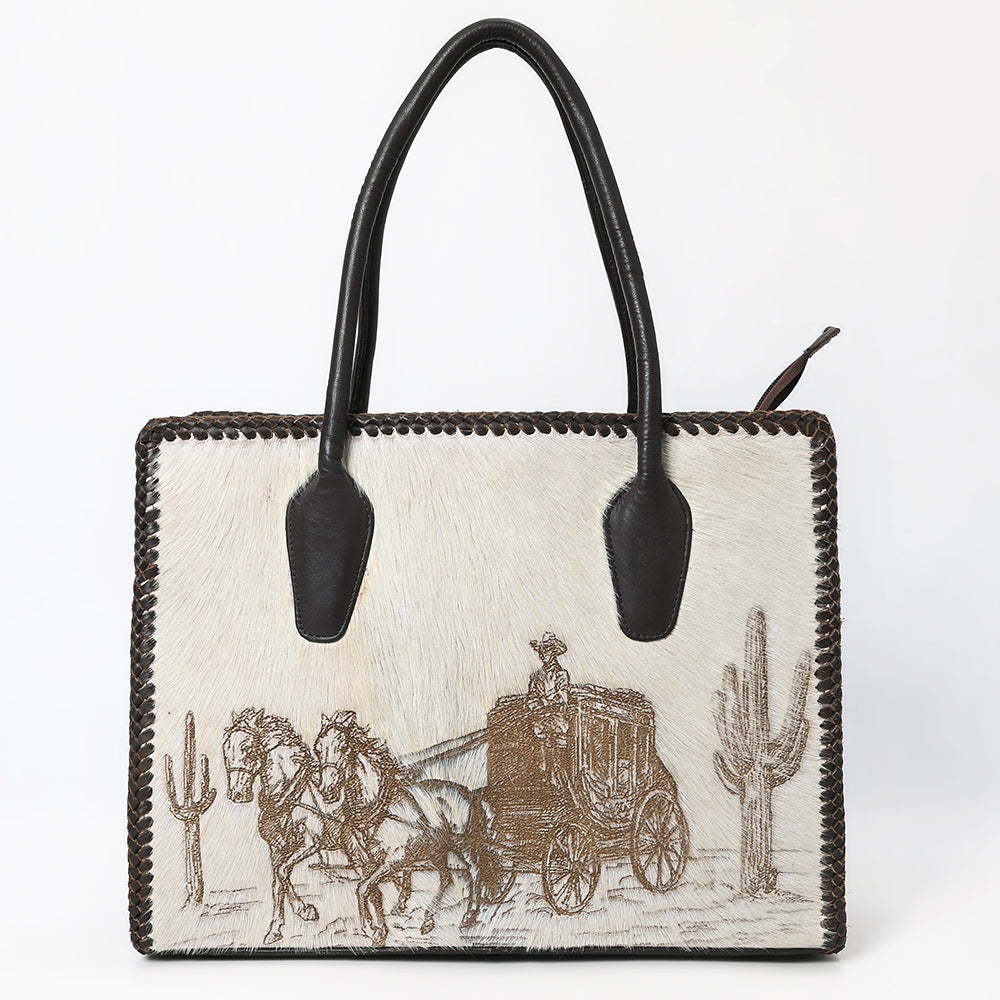 ADBGM512 Western Cowhide Leather Tote with Stagecoach Design -Handcrafted Rodeo Purse