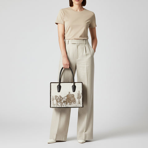 ADBGM512 Western Cowhide Leather Tote with Stagecoach Design -Handcrafted Rodeo Purse