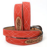 ADBLF330 Tooled Leather Western Belt - Red Suede Back with Antique Silver Buckle