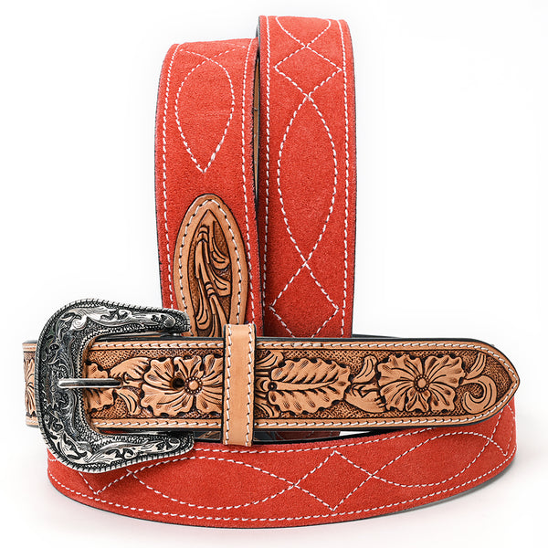 ADBLF330 Tooled Leather Western Belt - Red Suede Back with Antique Silver Buckle