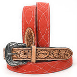 ADBLF330 Tooled Leather Western Belt - Red Suede Back with Antique Silver Buckle
