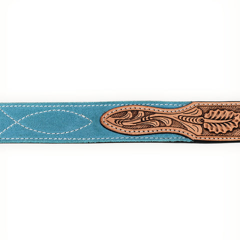 ADBLF331 Turquoise Genuine suede Western Belt - Hand-Tooled Leather Inlay with Engraved Buckle