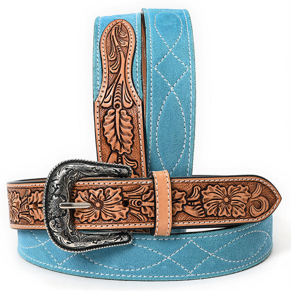 ADBLF331 Turquoise Suede Western Belt - Hand-Tooled Leather Inlay with Engraved Buckle