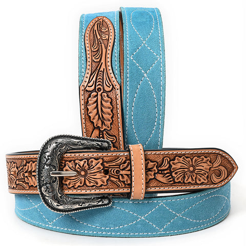ADBLF331 Turquoise Genuine suede Western Belt - Hand-Tooled Leather Inlay with Engraved Buckle