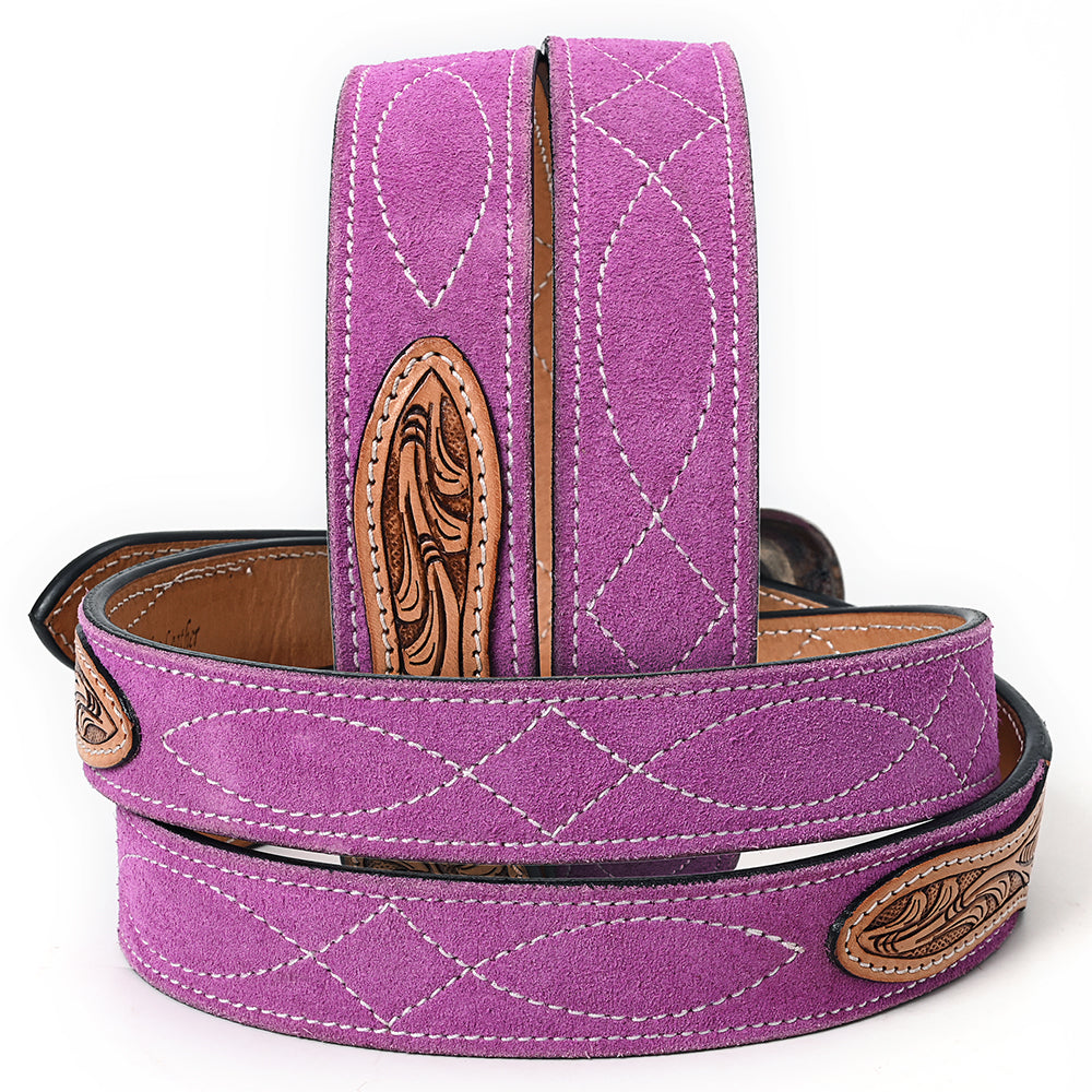 ADBLF332 Pink Genuine suede Western Belt - Tooled Floral Leather Inlay & Silver Engraved Buckle