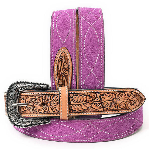 ADBLF332 Pink Suede Western Belt - Tooled Floral Leather Inlay & Silver Engraved Buckle