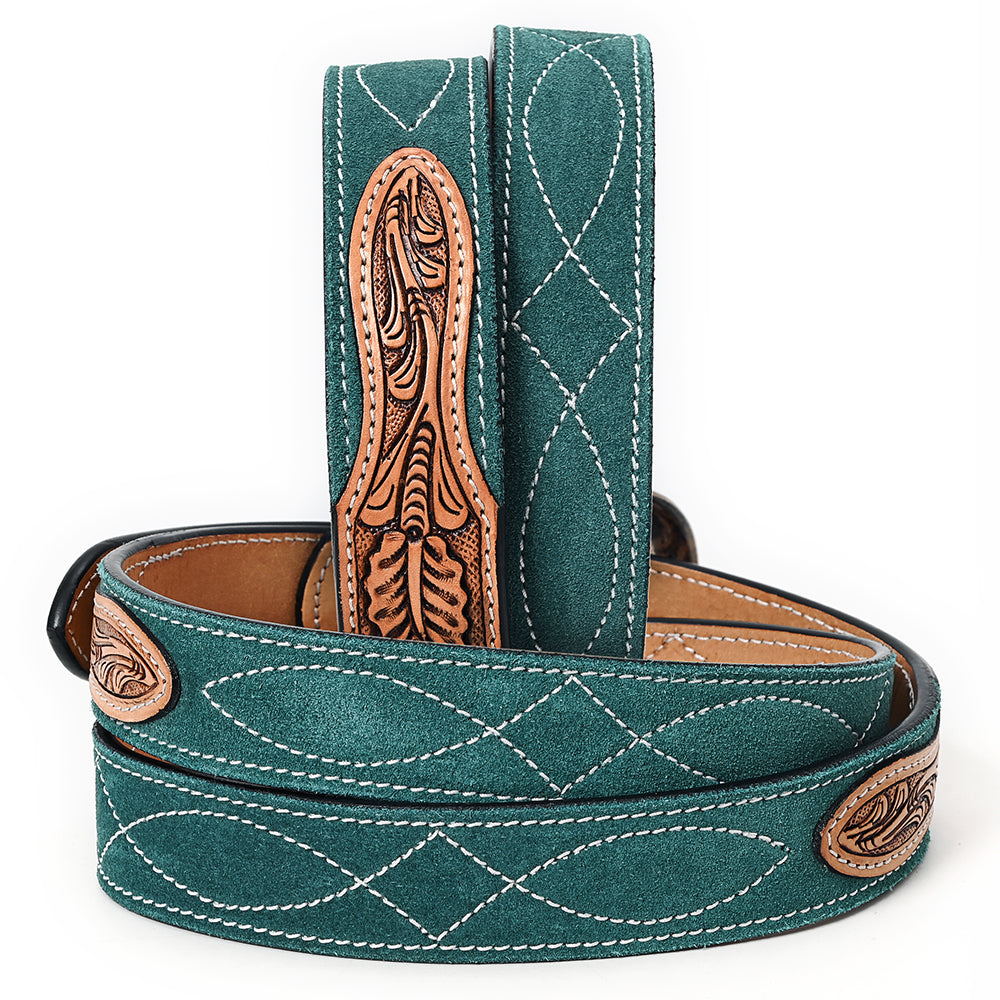 ADBLF333 Green Genuine suede Western Belt - Tooled Leather Inlay & Silver Engraved Buckle