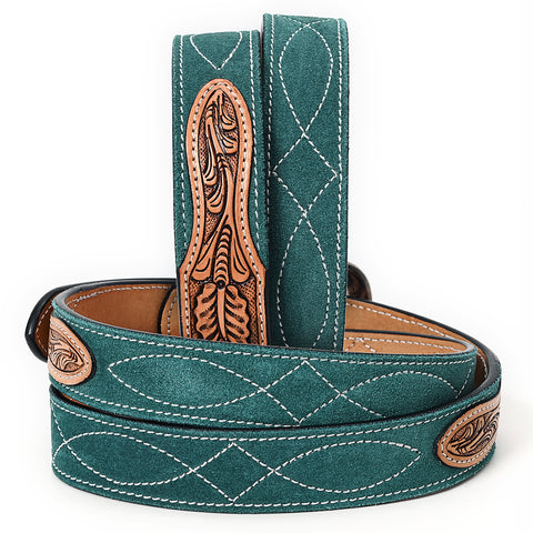 ADBLF333 Green Genuine suede Western Belt - Tooled Leather Inlay & Silver Engraved Buckle