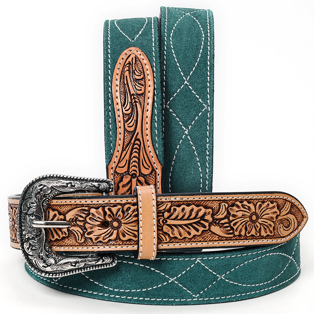 ADBLF333 Green Genuine suede Western Belt - Tooled Leather Inlay & Silver Engraved Buckle
