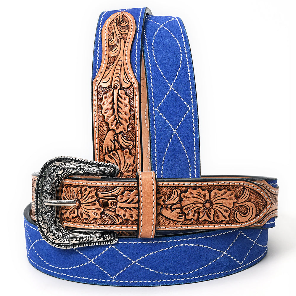 ADBLF334 Royal Blue Genuine suede Western Belt - Tooled Leather Inlay & Silver Buckle