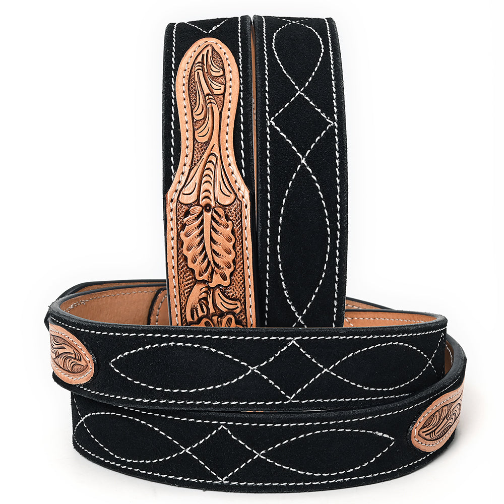 ADBLF335 Black Genuine suede Western Belt - Hand-Tooled Leather Inlay & Silver Engraved Buckle