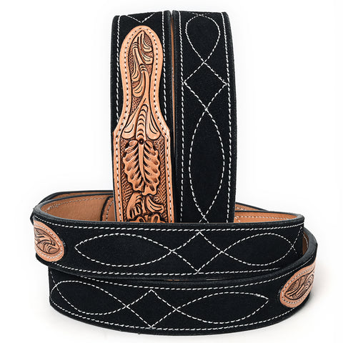 ADBLF335 Black Genuine suede Western Belt - Hand-Tooled Leather Inlay & Silver Engraved Buckle