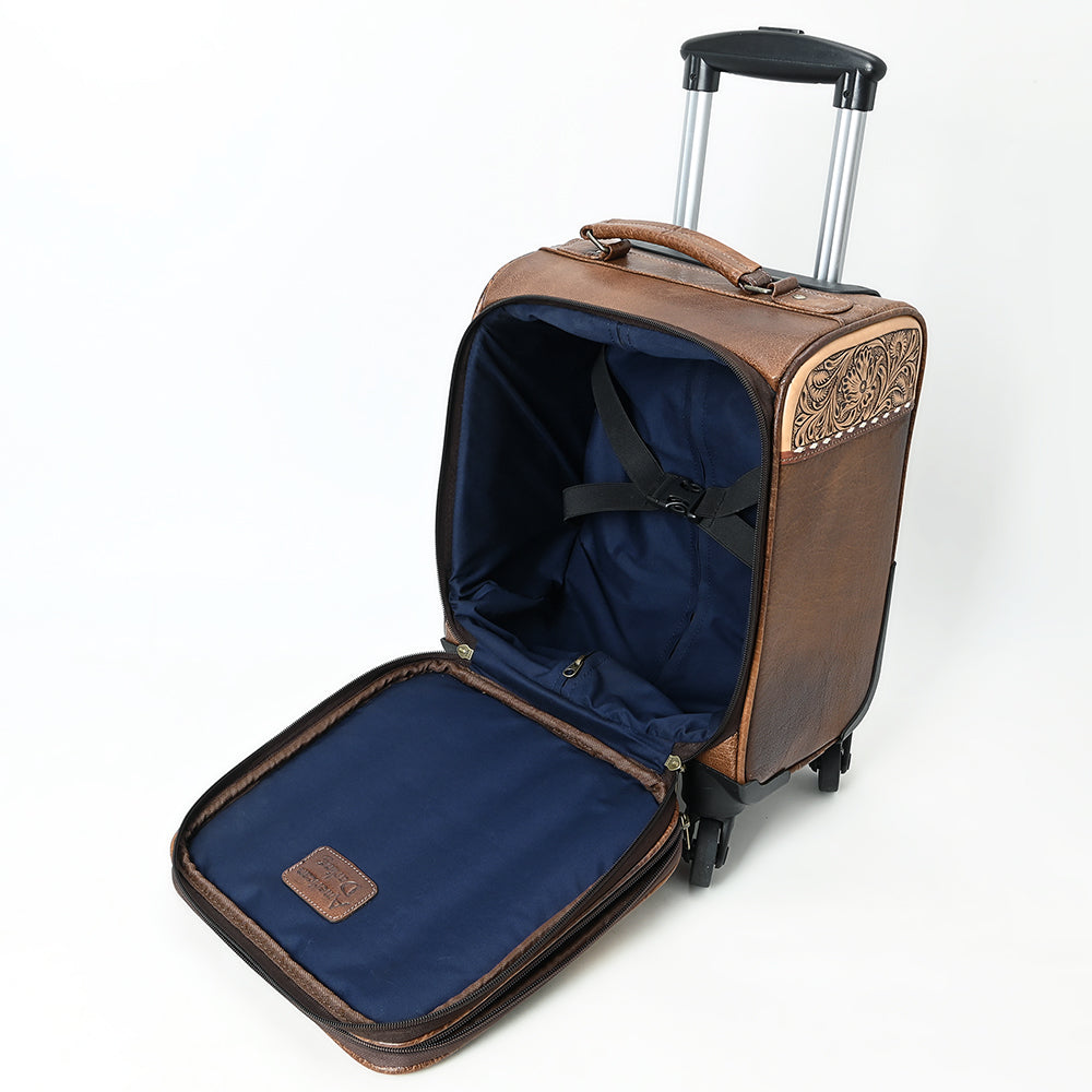 ADBG1613 Western Rolling Carry-On Luggage with Tooled Leather & Aztec Woven Front