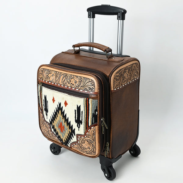 ADBG1613 Western Rolling Carry-On Luggage with Tooled Leather & Aztec Woven Front