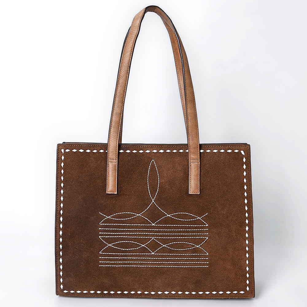 ADBGM517 Western Genuine suede Leather Tote with White Stitch Embroidery - Structured Cowgirl Handbag