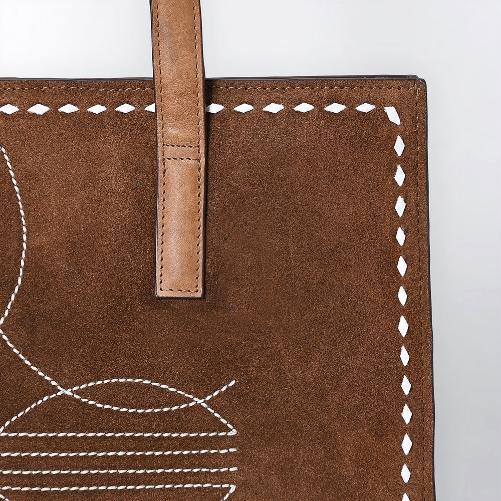 ADBGM517 Western Genuine suede Leather Tote with White Stitch Embroidery - Structured Cowgirl Handbag