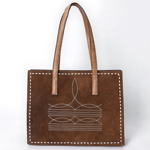 ADBGM517 Western Genuine suede Leather Tote with White Stitch Embroidery - Structured Cowgirl Handbag