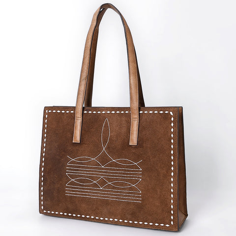 ADBGM517 Western Genuine suede Leather Tote with White Stitch Embroidery - Structured Cowgirl Handbag