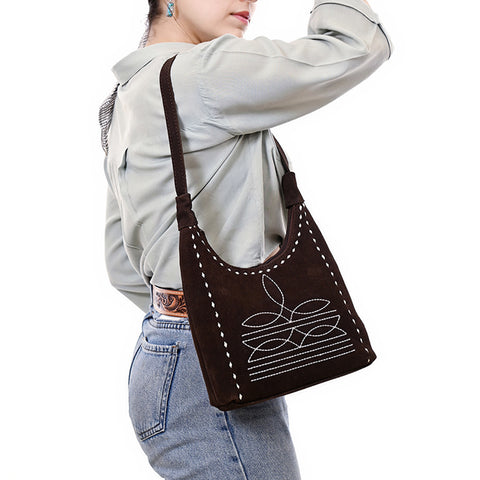 American Darling Western Genuine Suede Leather Hobo Bag with Craftsmanship & Boot Stitch Detailing