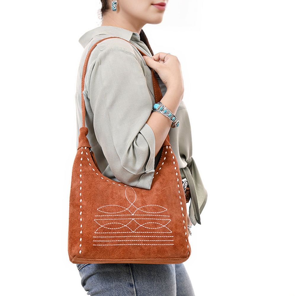 ADBG1617 Genuine suede Hobo Bag with White Southwestern Stitching & Whipstitch Trim
