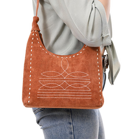 American Darling Western Genuine Suede Leather Hobo Bag with Craftsmanship & Boot Stitch Detailing