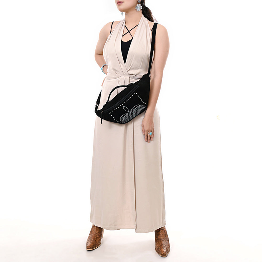 ADBG1618A Black Suede Western Fanny Bag with White Southwestern Stitching