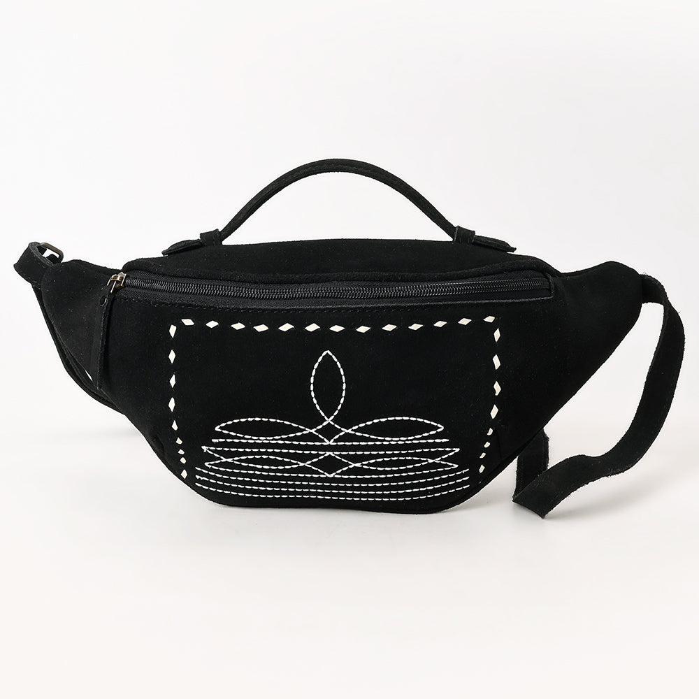 ADBG1618A Black Suede Western Fanny Bag with White Southwestern Stitching