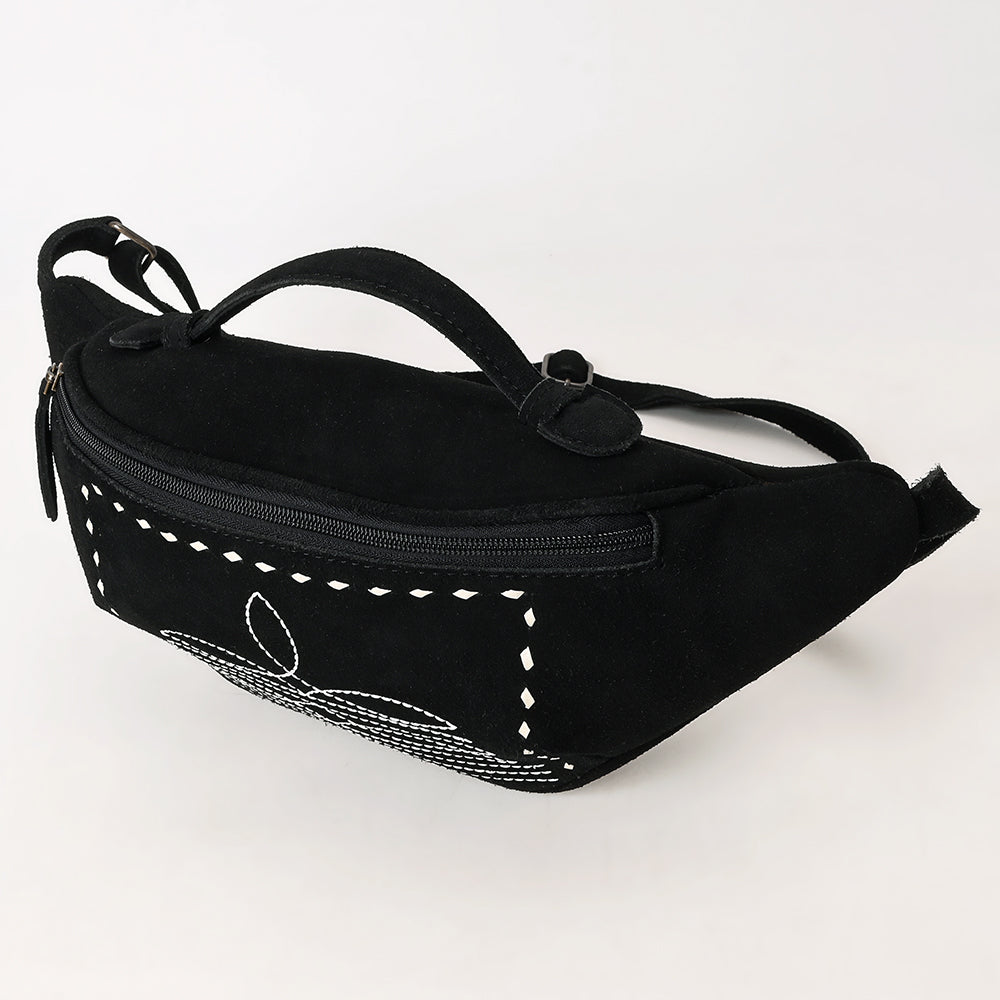 ADBG1618A Black Suede Western Fanny Bag with White Southwestern Stitching
