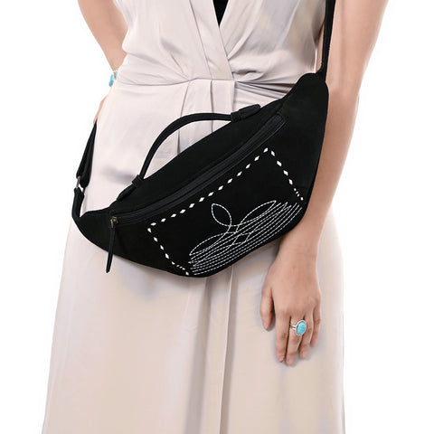 American Darling Handcrafted Black Genuine Suede Leather Hobo Bag with Boot Stitching ï¿½ Western Shoulder Bag