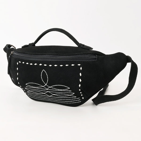 ADBG1618A Black Suede Western Fanny Bag with White Southwestern Stitching