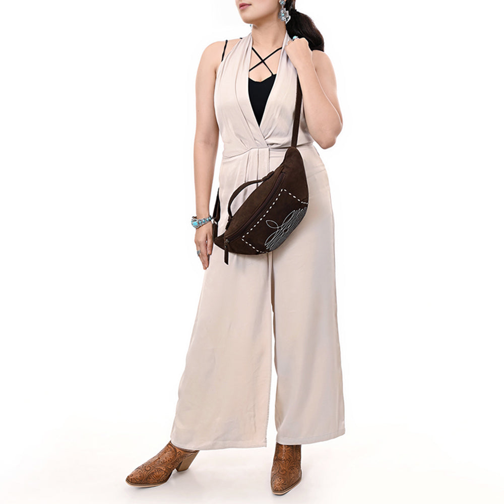 ADBG1618 Suede Fanny Bag with White Southwestern Stitching & Top Handle