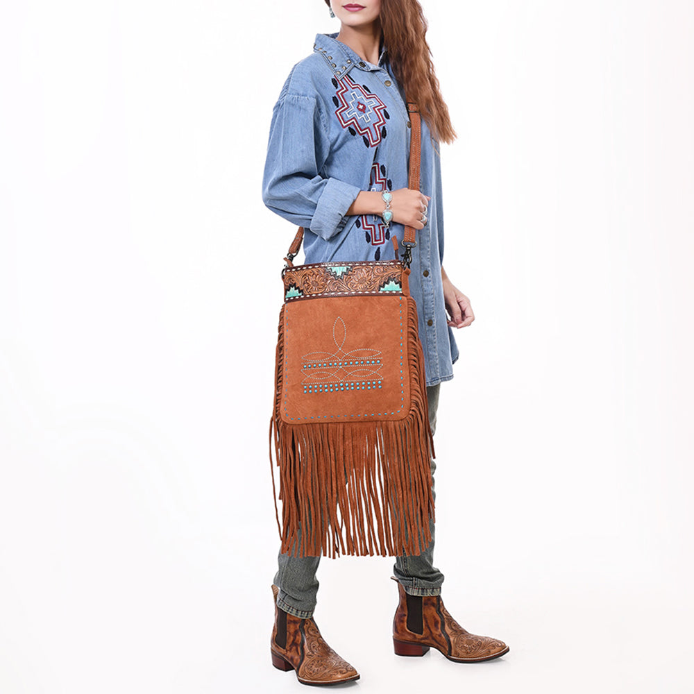 ADBG1620 Turquoise Accented Tooled Genuine suede Leather Crossbody Bag - Western Fringe Purse by American Darling