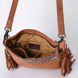 ADBG1620 Turquoise Accented Tooled Suede Leather Crossbody Bag - Western Fringe Purse by American Darling