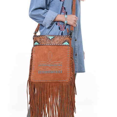 American Darling Western Genuine Suede Large Crossbody Bag with Fringe and Boot Stitch Detailing ï¿½ Genuine Leather