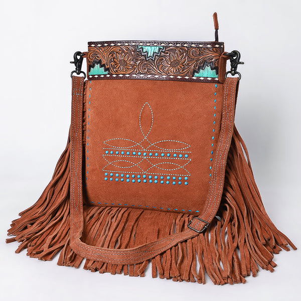 ADBG1620 Turquoise Accented Tooled Suede Leather Crossbody Bag - Western Fringe Purse by American Darling