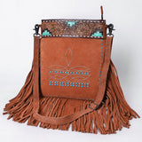 ADBG1620 Turquoise Accented Tooled Suede Leather Crossbody Bag - Western Fringe Purse by American Darling