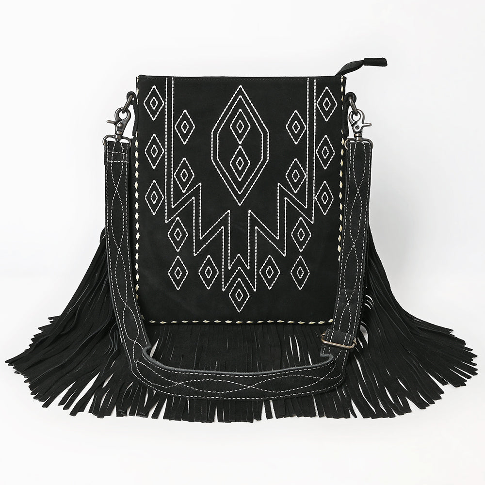 ADBG1621 Black Genuine suede Fringe Crossbody Bag with White Tribal Stitching
