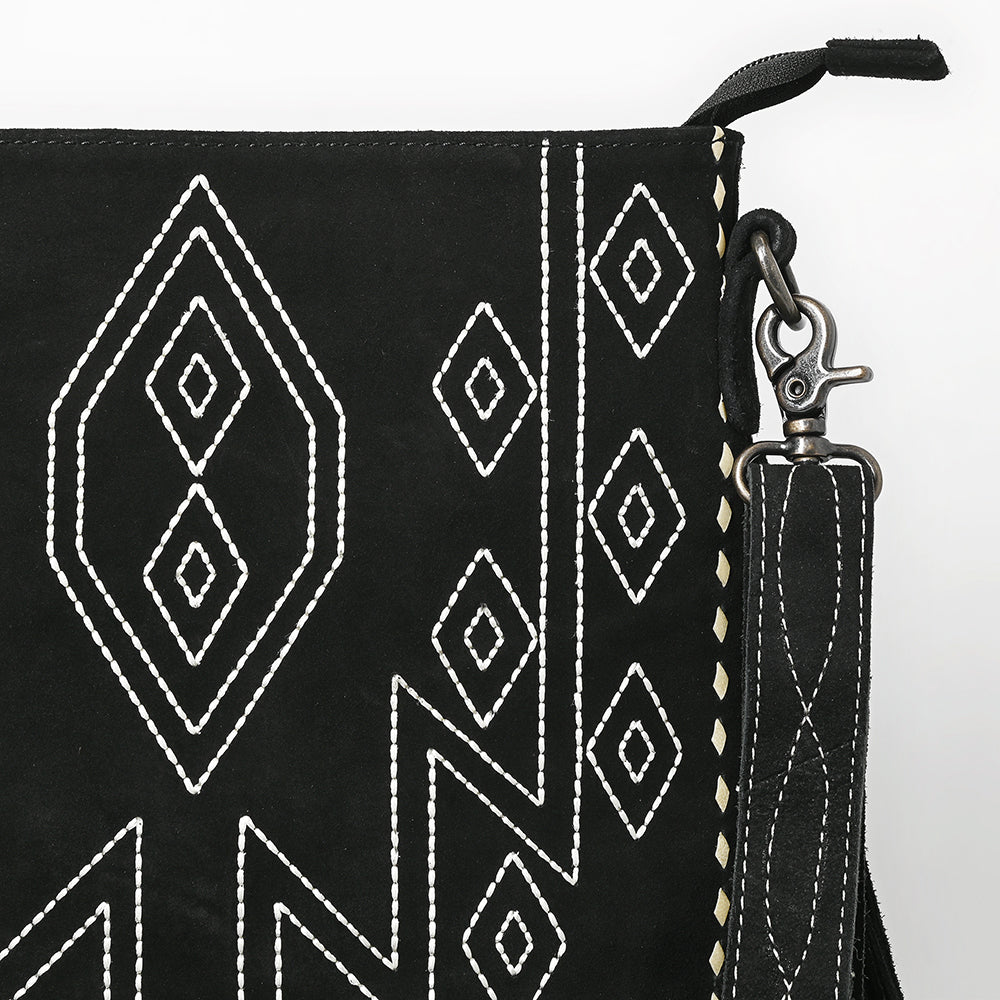 ADBG1621 Black Genuine suede Fringe Crossbody Bag with White Tribal Stitching