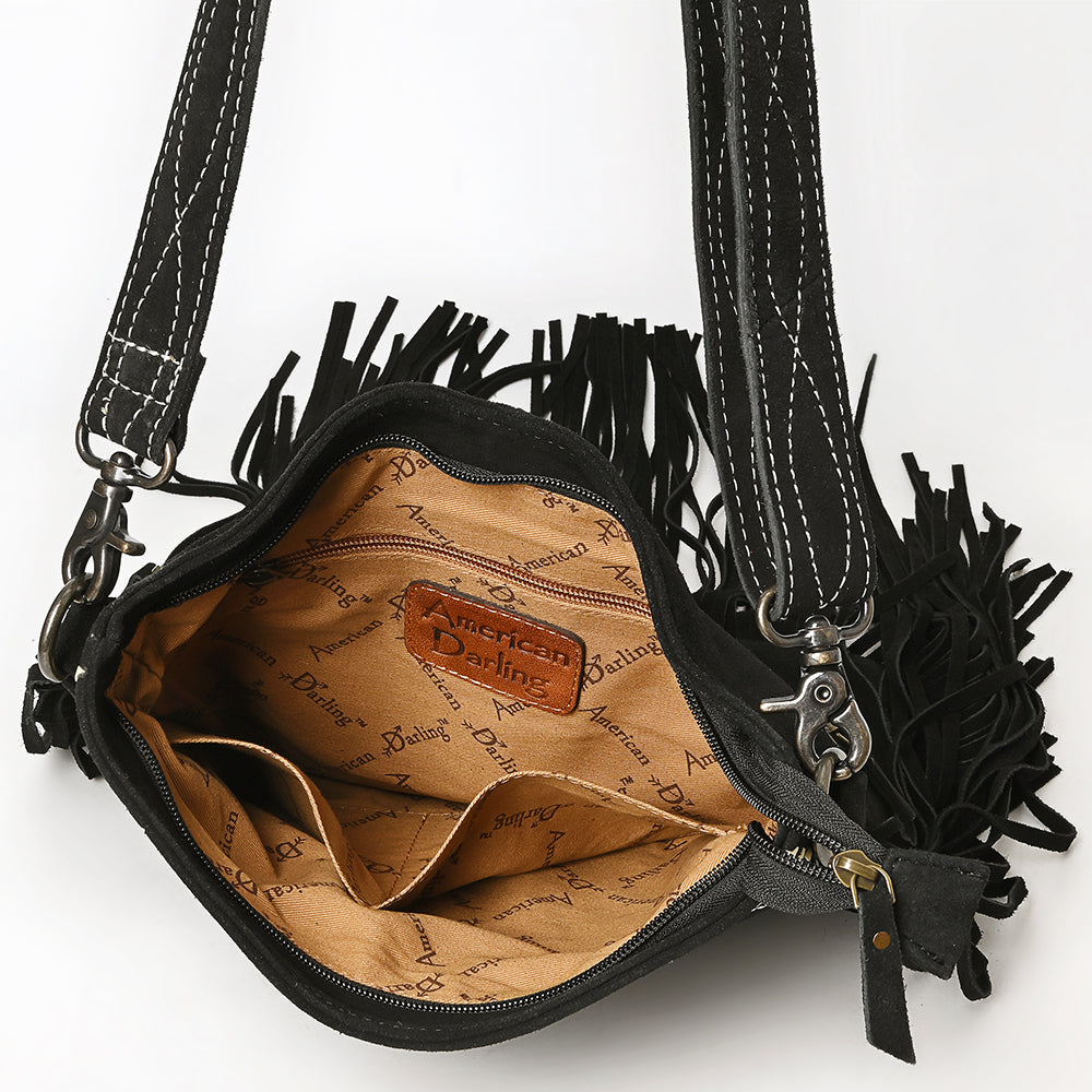ADBG1621 Black Genuine suede Fringe Crossbody Bag with White Tribal Stitching