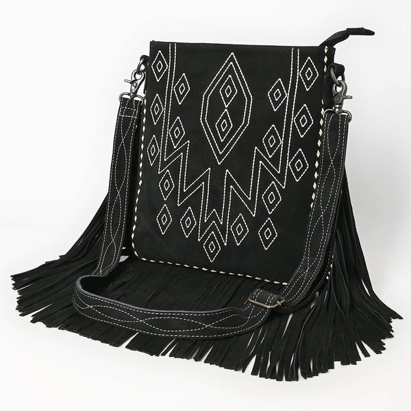 ADBG1621 Black Genuine suede Fringe Crossbody Bag with White Tribal Stitching
