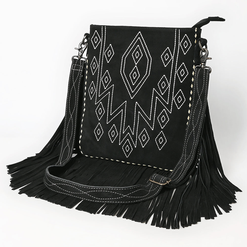 ADBG1621 Black Genuine suede Fringe Crossbody Bag with White Tribal Stitching