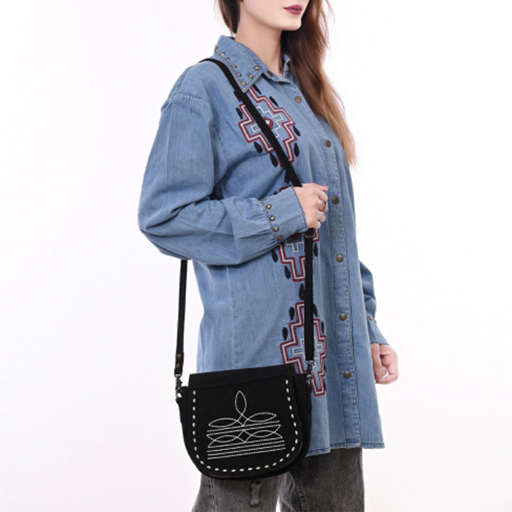 ADBG1622A Black Genuine suede Flap Crossbody Bag with White Southwestern Stitching