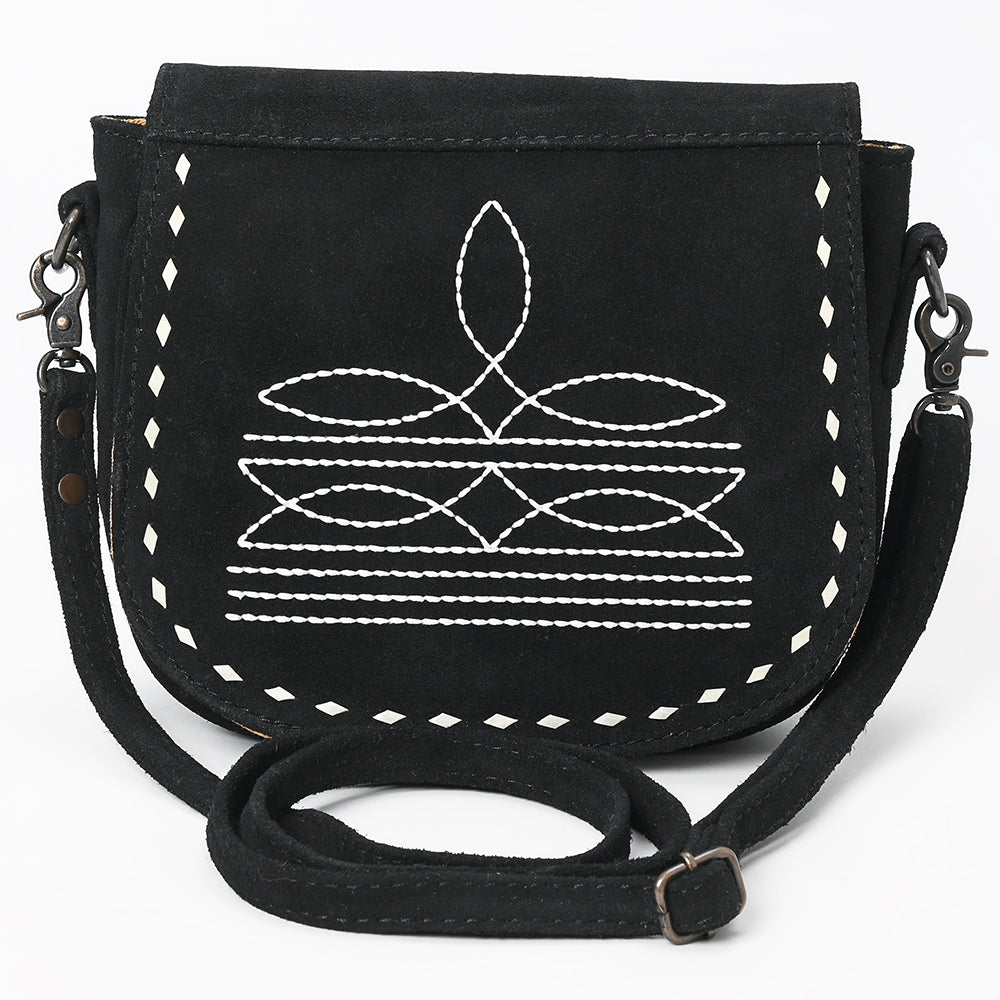 ADBG1622A Black Genuine suede Flap Crossbody Bag with White Southwestern Stitching