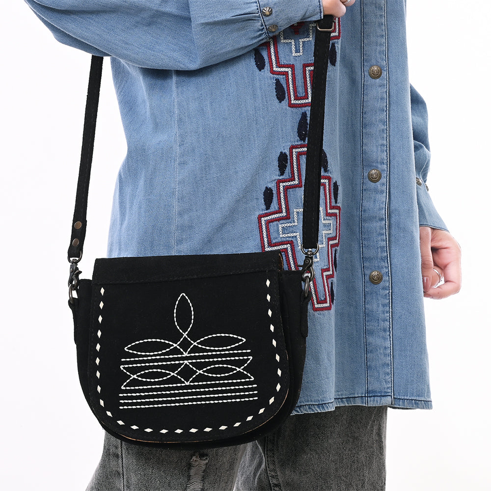 ADBG1622A Black Genuine suede Flap Crossbody Bag with White Southwestern Stitching
