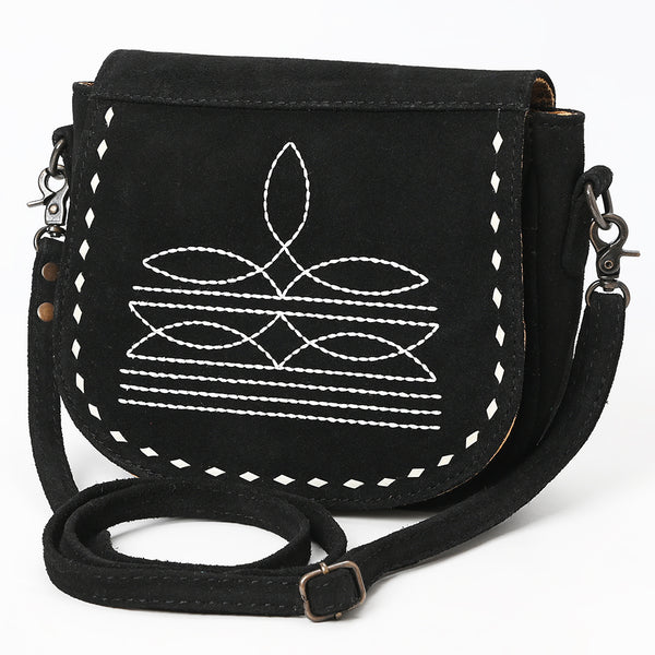 ADBG1622A Black Suede Flap Crossbody Bag with White Southwestern Stitching