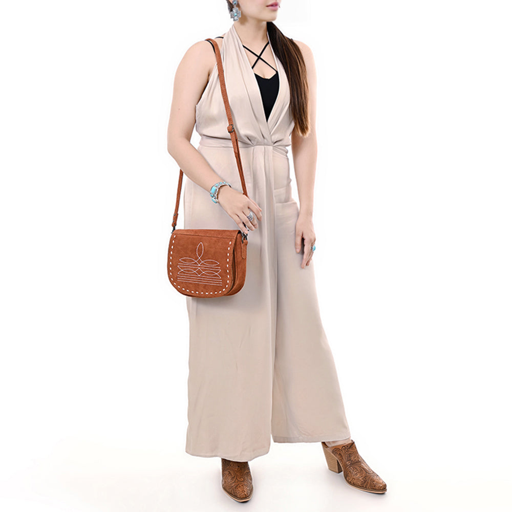 ADBG1622 Genuine suede Flap Crossbody Bag with White Southwestern Stitching