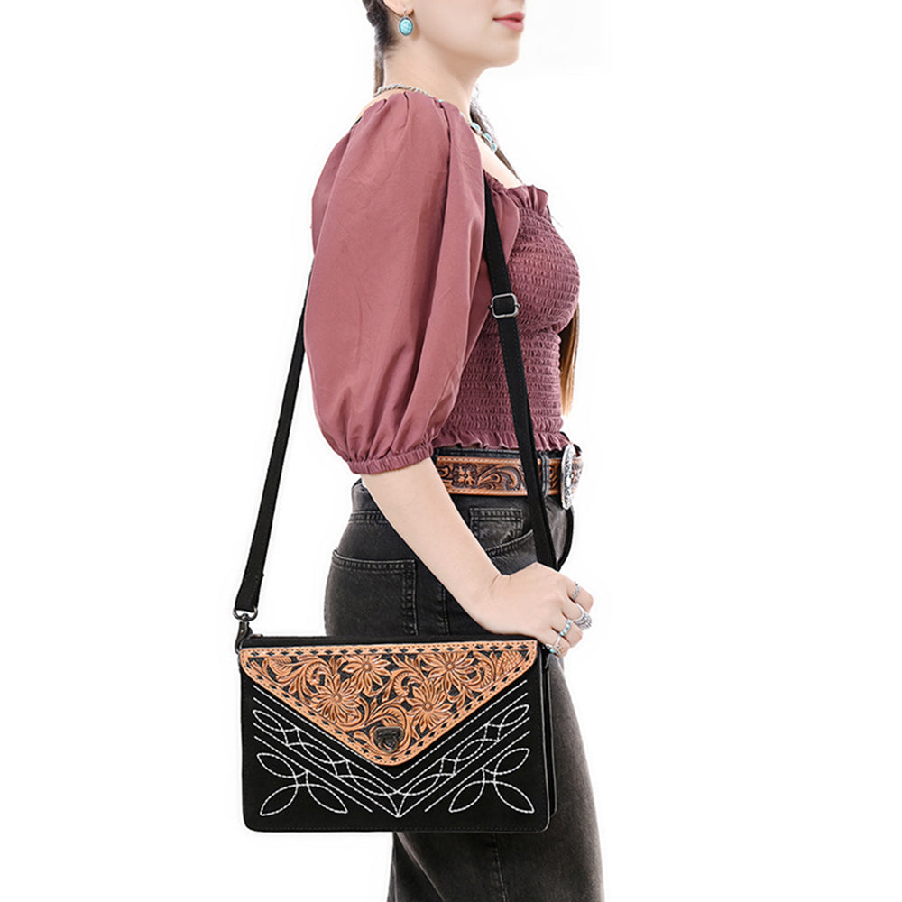 ADBG1623A Western Floral Tooled Leather Envelope Bag - Black Suede Envelope by American Darling