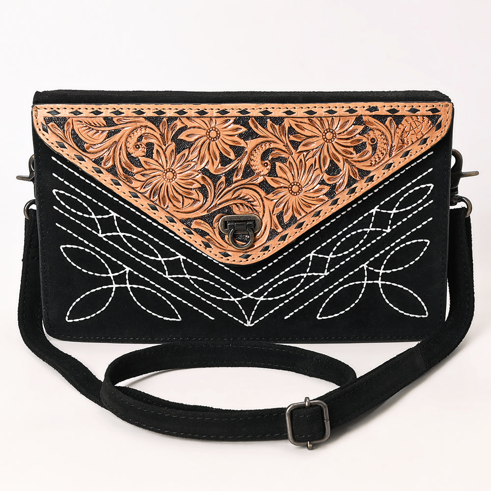 ADBG1623A Western Floral Tooled Leather Envelope Bag - Black Suede Envelope by American Darling