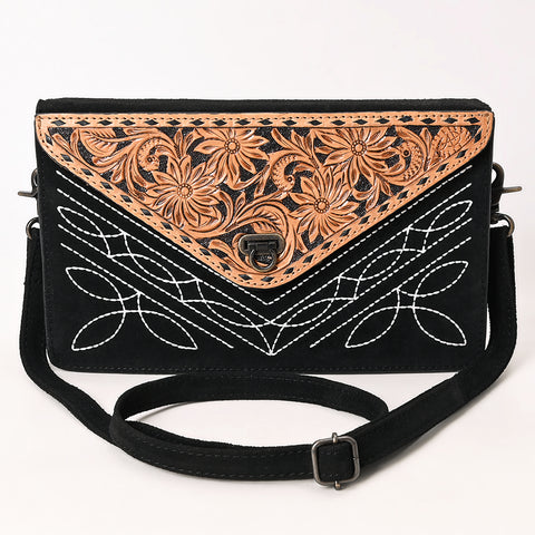 American Darling Black Western Genuine Suede Leather Envelop Bag with Hand-Tooled Detailing